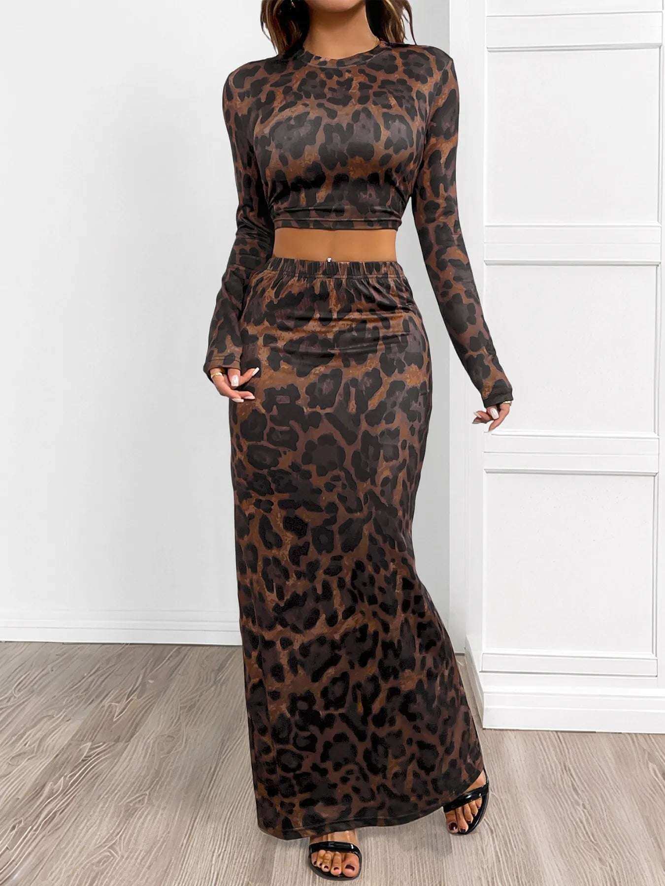 Leopard Round Neck Top and Skirt Set | Sugarz Chique Boutique