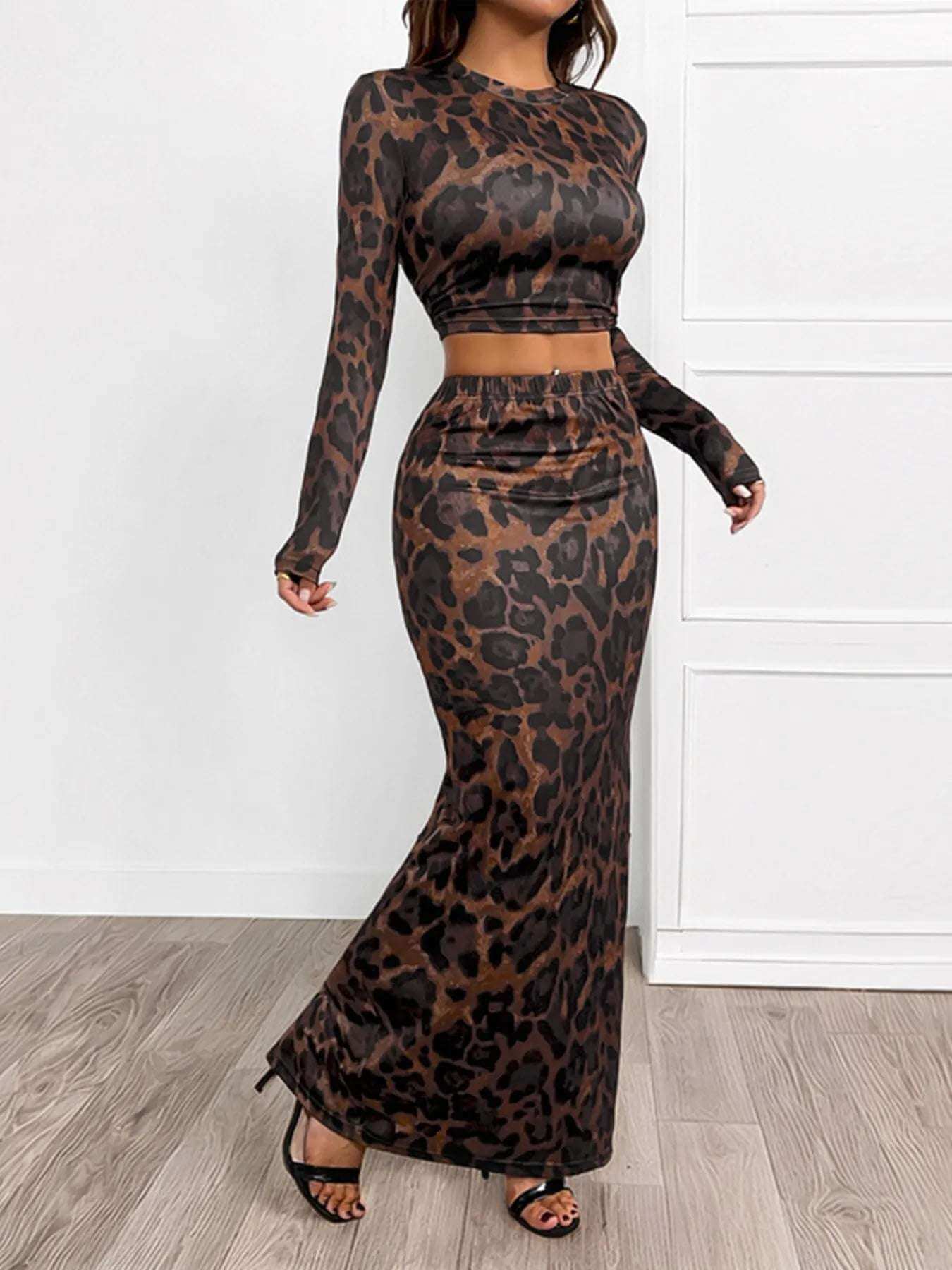Leopard Round Neck Top and Skirt Set | Sugarz Chique Boutique