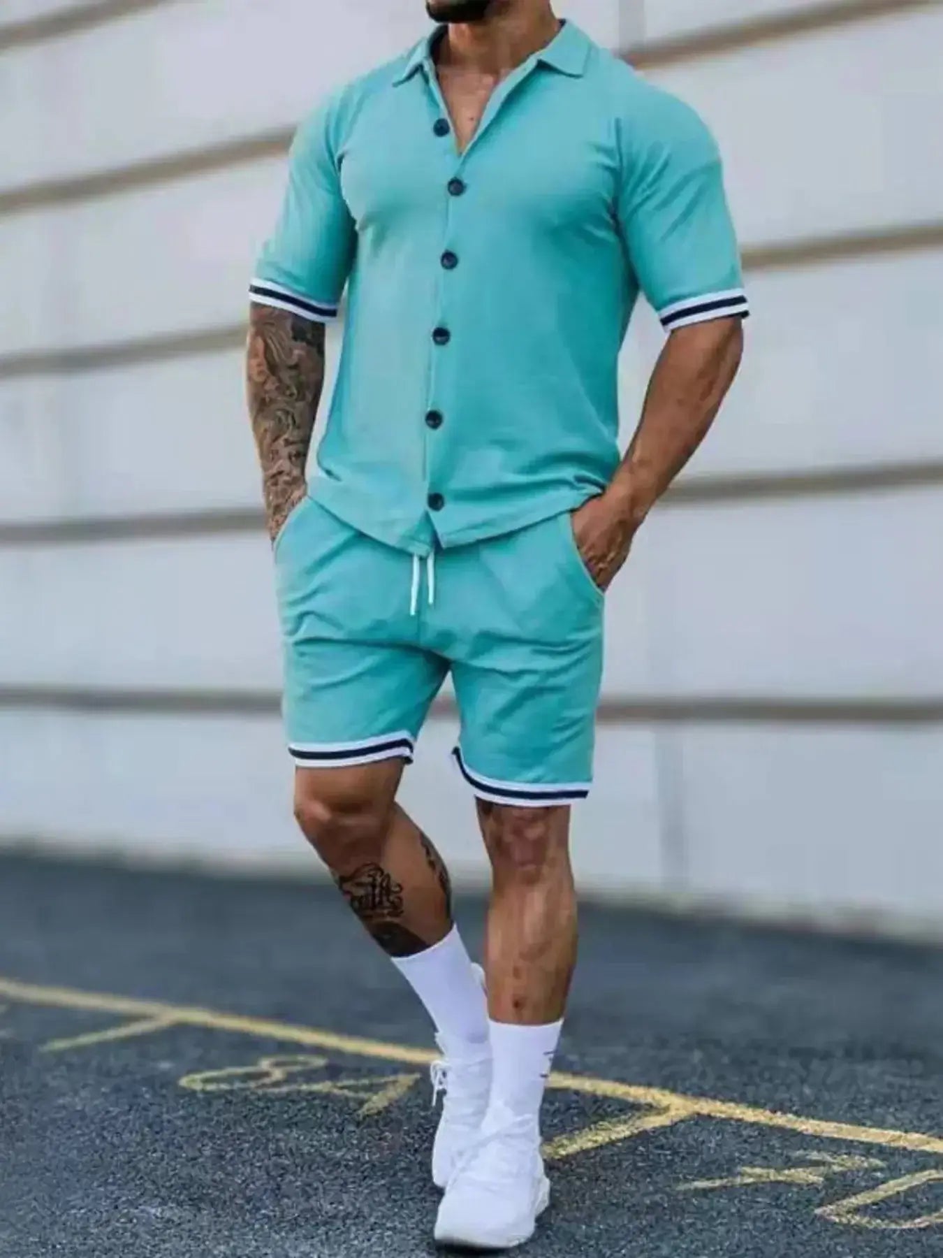 Men's Full Size Striped Hem Button Up Top and Shorts Set Plus Size - Sugarz Chique Boutique