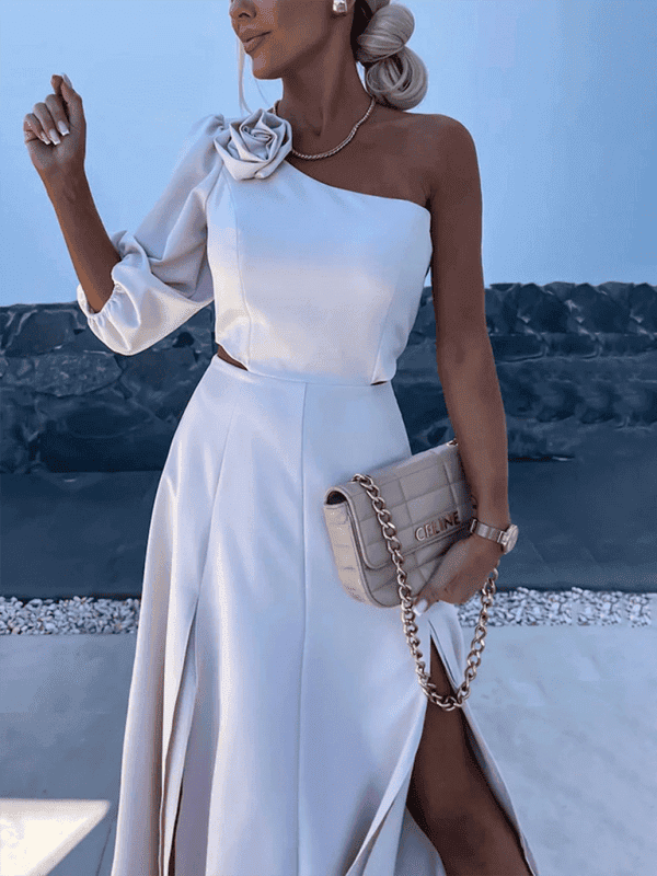 New casual party slanted shoulder slit double layer dress - Sugarz Chique Boutique