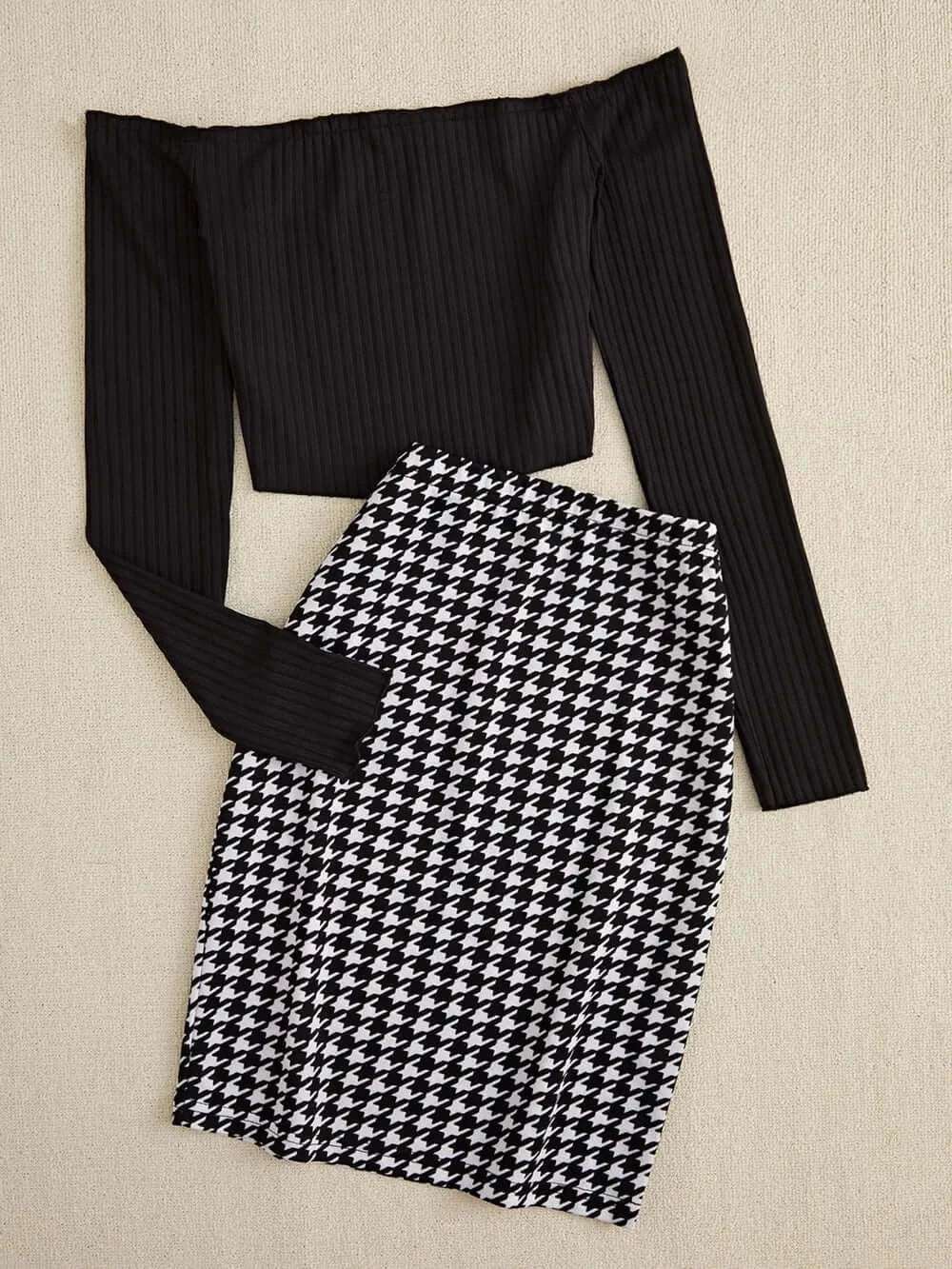 Off-Shoulder Long Sleeve Top and Houndstooth Skirt Set | Sugarz Chique Boutique