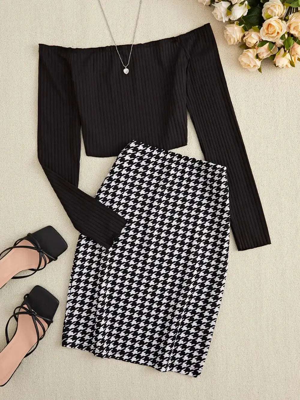 Off-Shoulder Long Sleeve Top and Houndstooth Skirt Set | Sugarz Chique Boutique