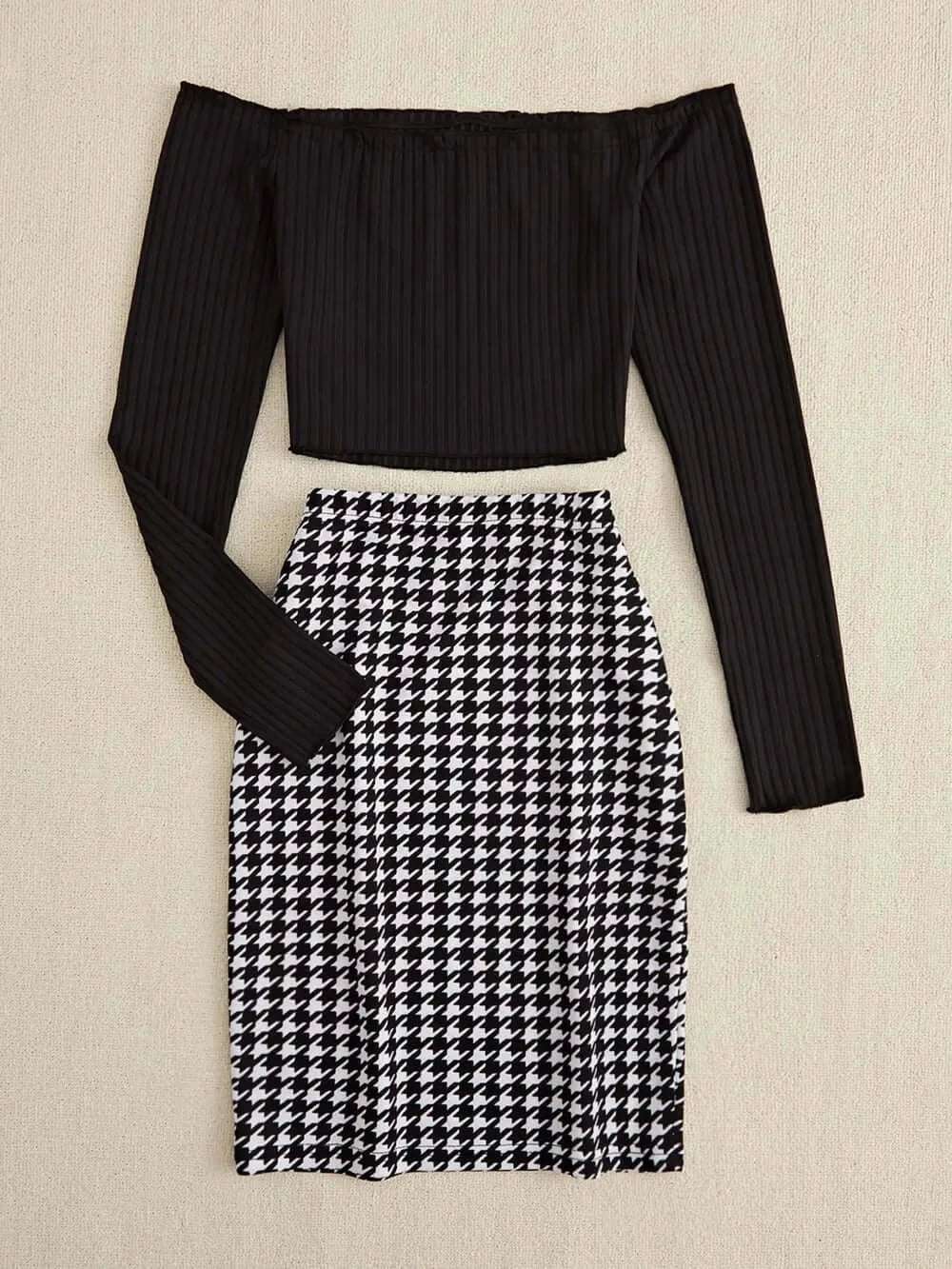 Off-Shoulder Long Sleeve Top and Houndstooth Skirt Set | Sugarz Chique Boutique
