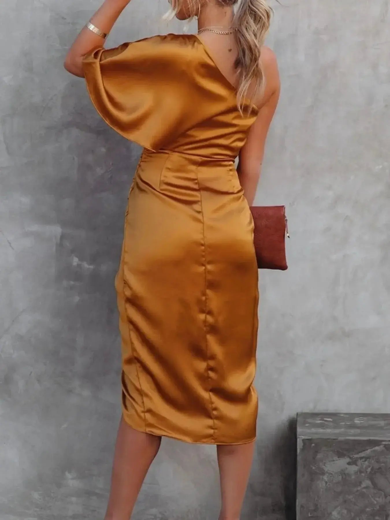 One - Shoulder Satin Wrap Dress with Side Slit - Sugarz Chique Boutique