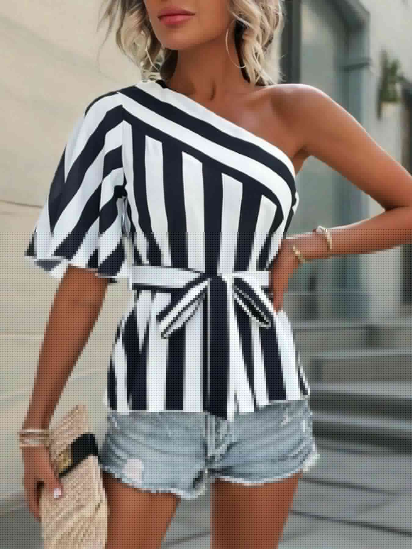 One Shoulder Striped Blouse with Belt | Sugarz Chique Boutique