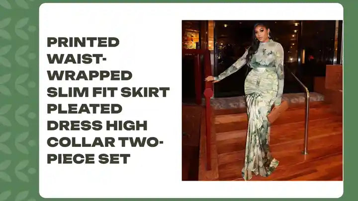 Printed Waist-wrapped Slim Fit Skirt Pleated Dress High Collar Two-piece Set by@Outfy