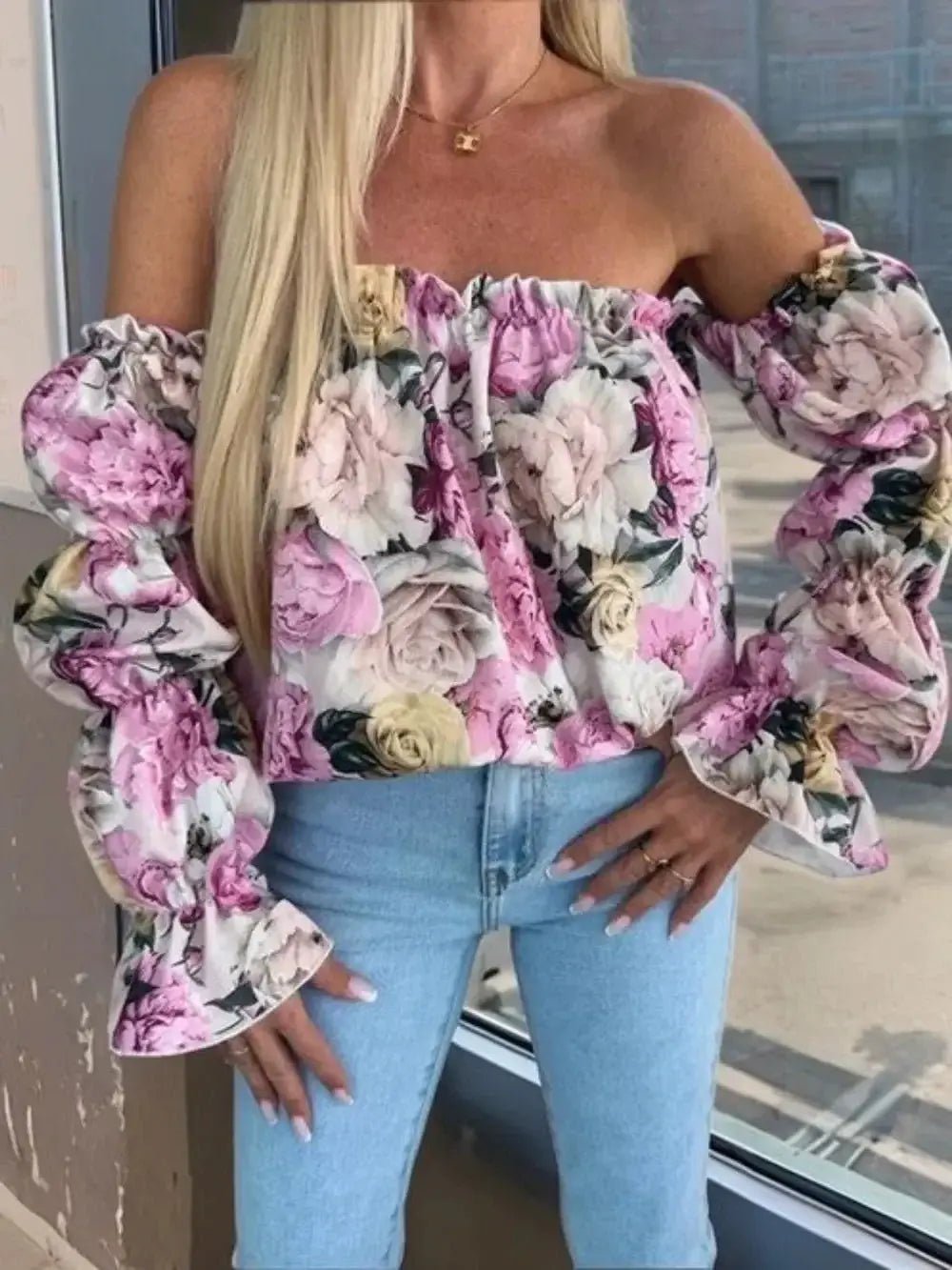Printed Off - Shoulder Flounce Sleeve Blouse - Sugarz Chique Boutique