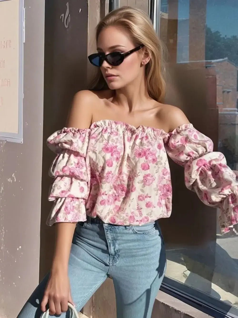 Printed Off - Shoulder Flounce Sleeve Blouse - Sugarz Chique Boutique