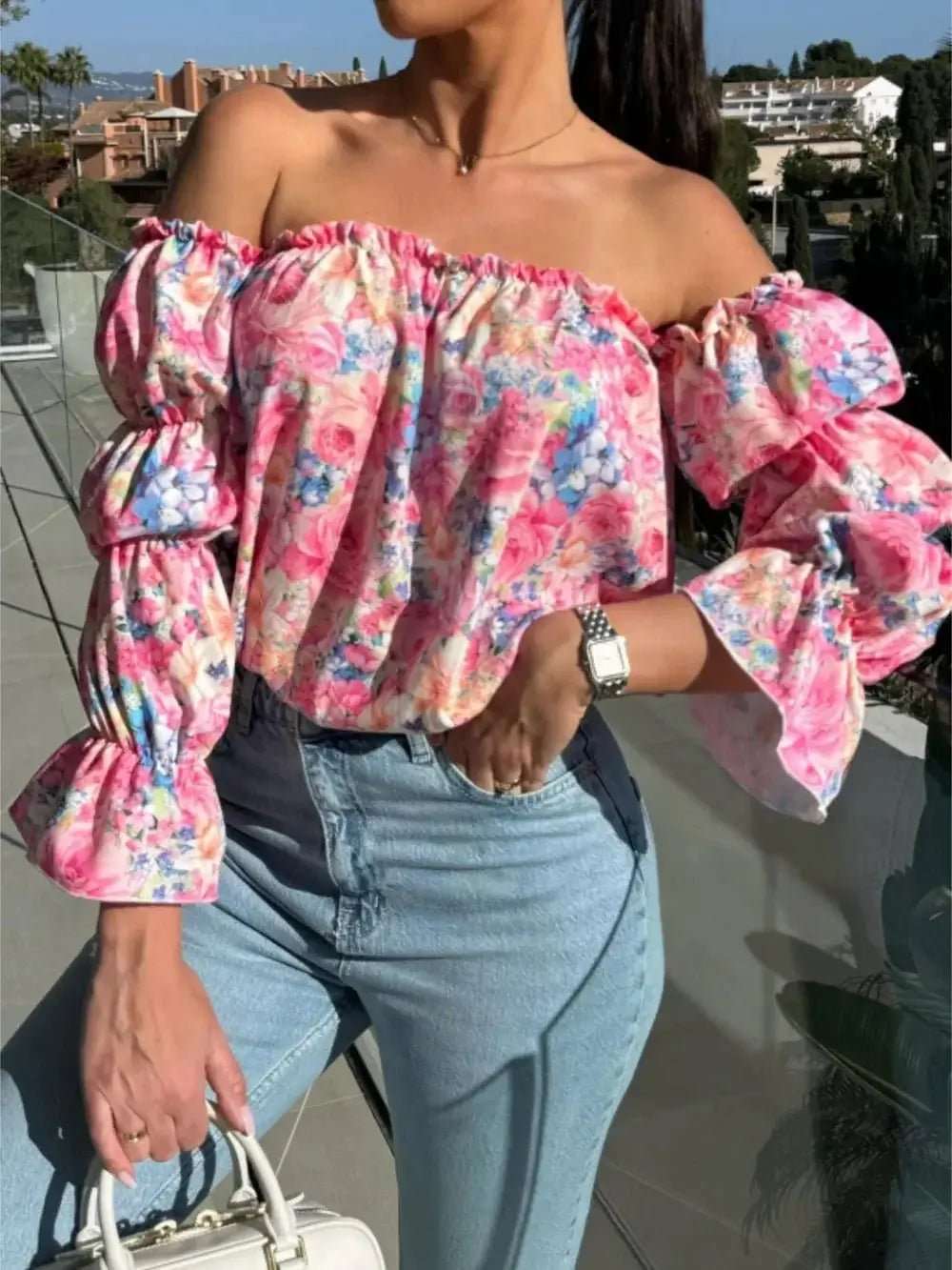 Printed Off-Shoulder Flounce Sleeve Blouse | Sugarz Chique Boutique