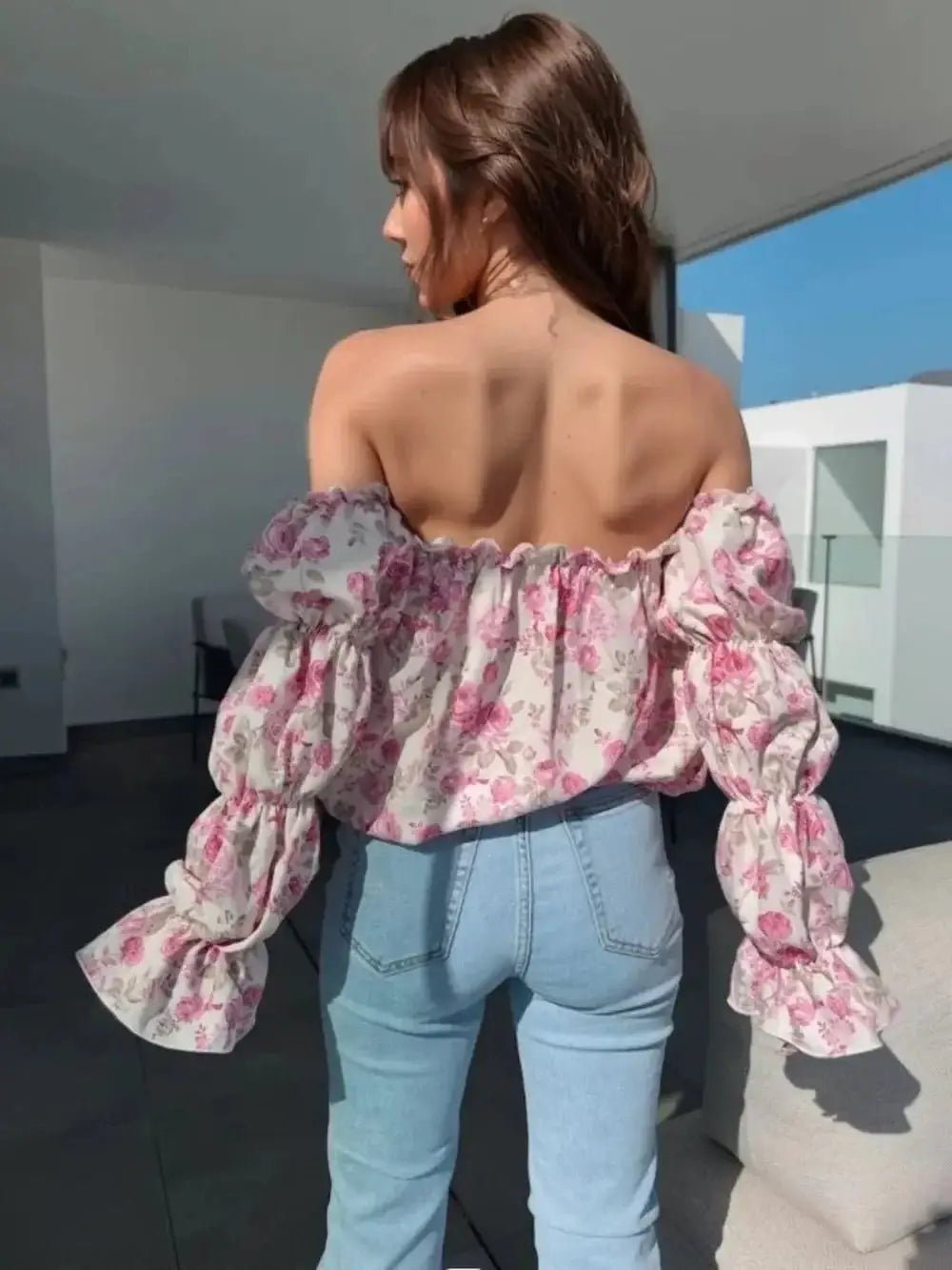 Printed Off - Shoulder Flounce Sleeve Blouse - Sugarz Chique Boutique