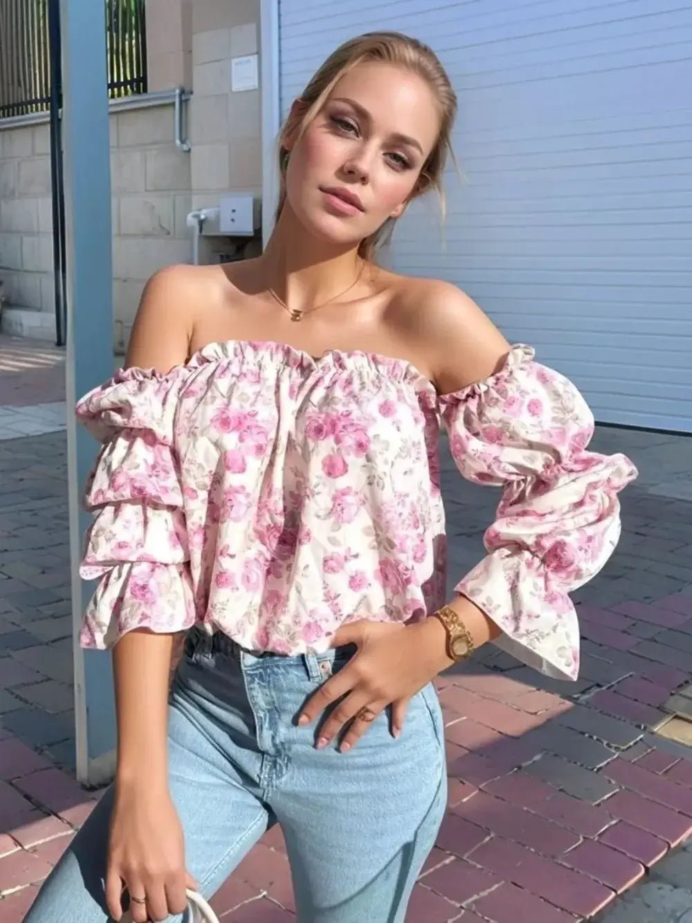 Printed Off - Shoulder Flounce Sleeve Blouse - Sugarz Chique Boutique