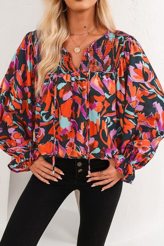Red Abstract Floral Shirred Puff Sleeve Blouse - Sugarz Chique Boutique