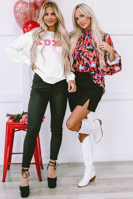 Red Abstract Floral Shirred Puff Sleeve Blouse - Sugarz Chique Boutique