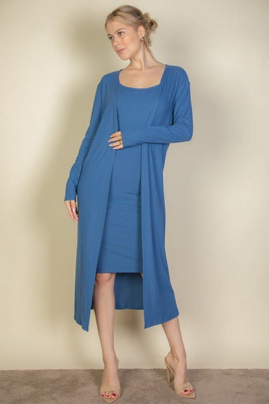 Ribbed Cardigan & Cami Midi Bodycon Dress - Sugarz Chique Boutique