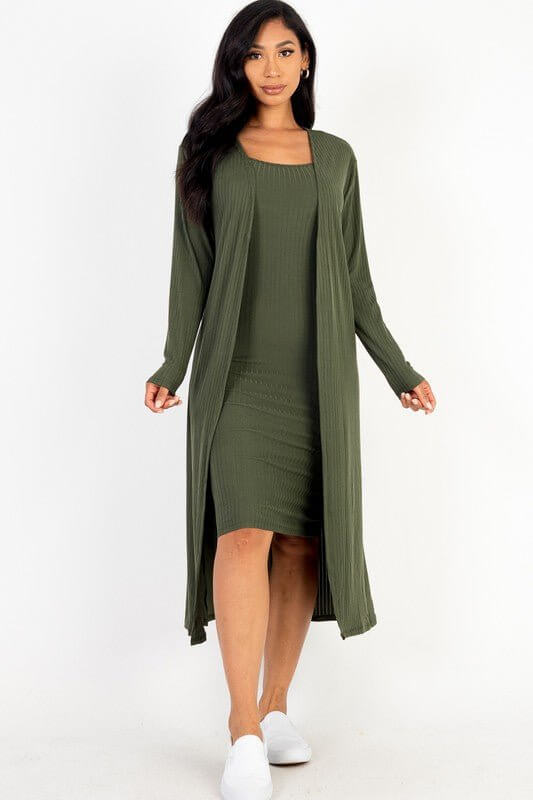 Ribbed Cardigan & Cami Midi Bodycon Dress - Sugarz Chique Boutique