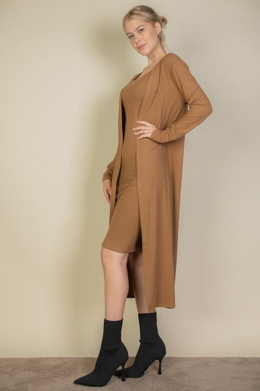 Ribbed Cardigan & Cami Midi Bodycon Dress - Sugarz Chique Boutique