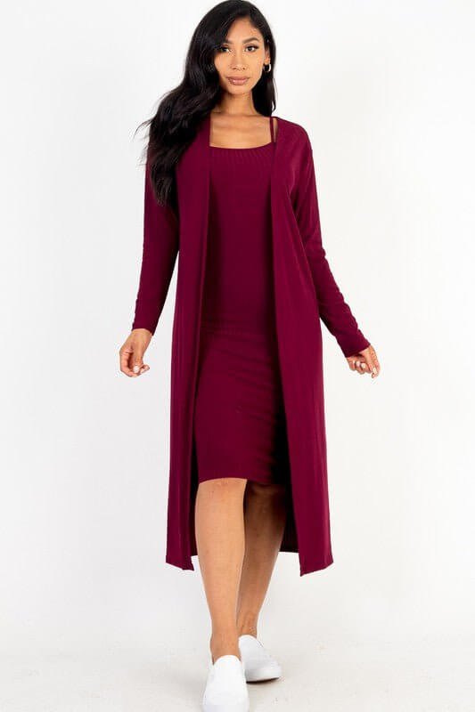 Ribbed Cardigan & Cami Midi Bodycon Dress - Sugarz Chique Boutique