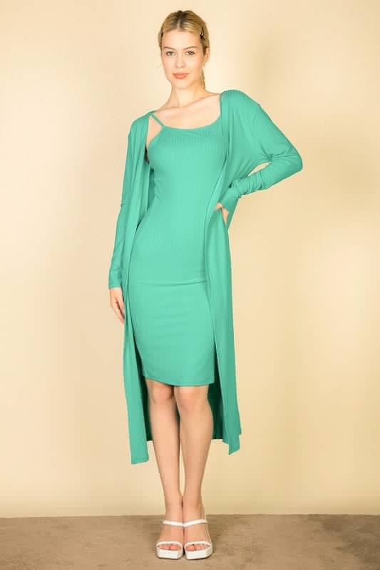 Ribbed Cardigan & Cami Midi Bodycon Dress - Sugarz Chique Boutique