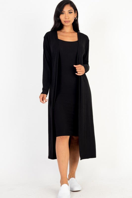 Ribbed Cardigan & Cami Midi Bodycon Dress - Sugarz Chique Boutique