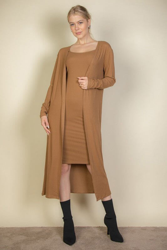 Ribbed Cardigan & Cami Midi Bodycon Dress - Sugarz Chique Boutique