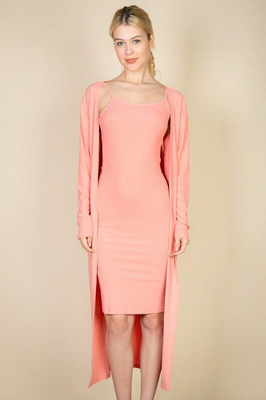 Ribbed Cardigan & Cami Midi Bodycon Dress - Sugarz Chique Boutique