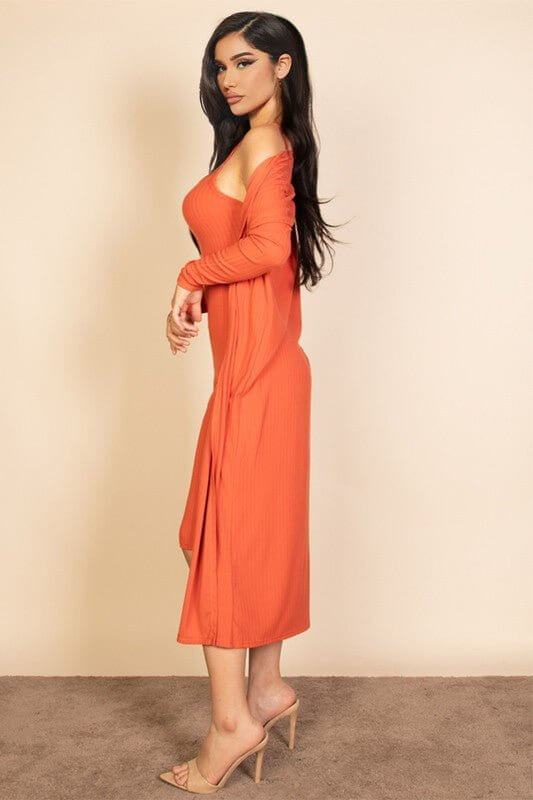 Ribbed Cardigan & Cami Midi Bodycon Dress - Sugarz Chique Boutique