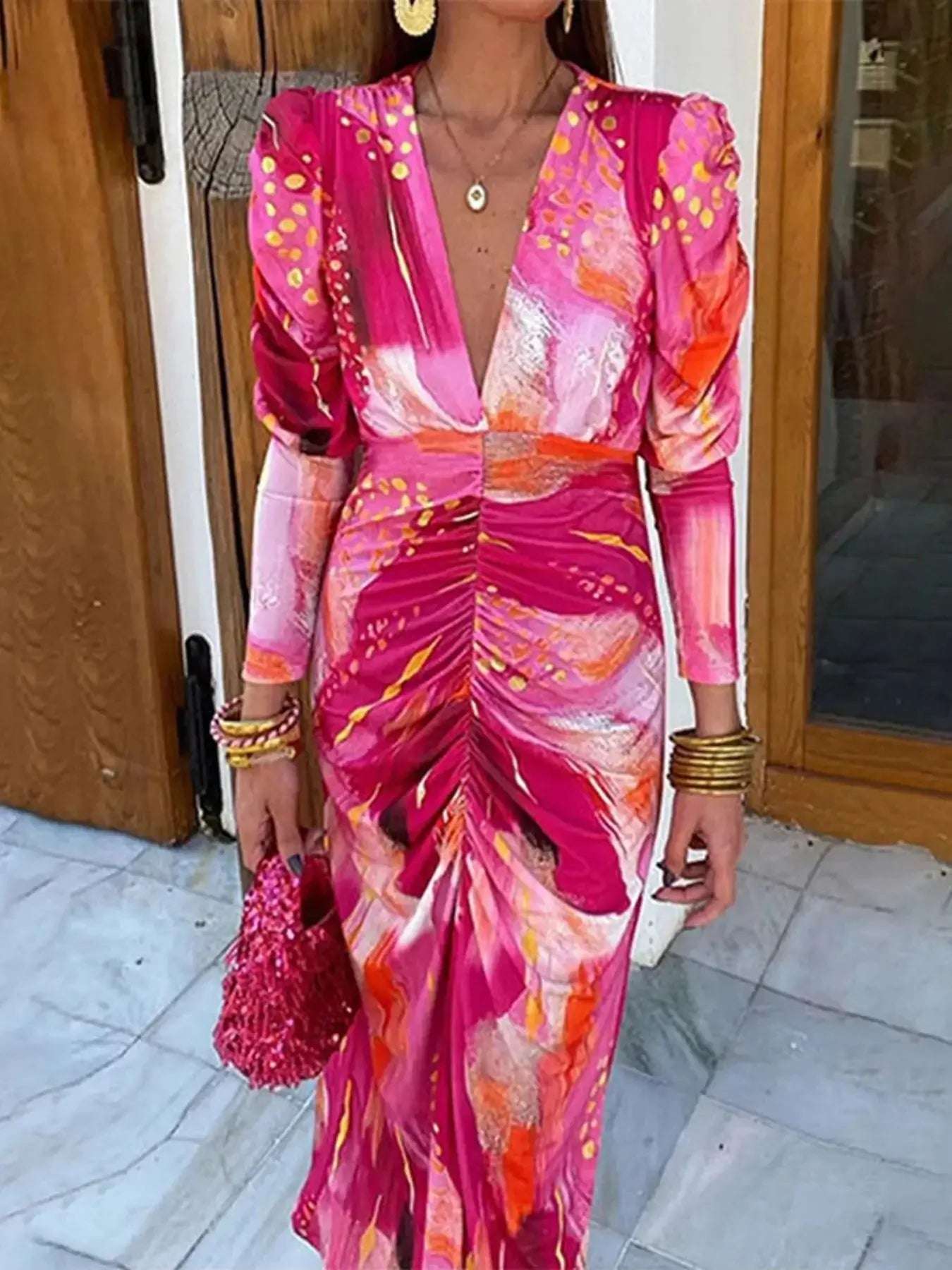 Ruched Front V-Neck Long Sleeve Maxi Dress | Sugarz Chique Boutique