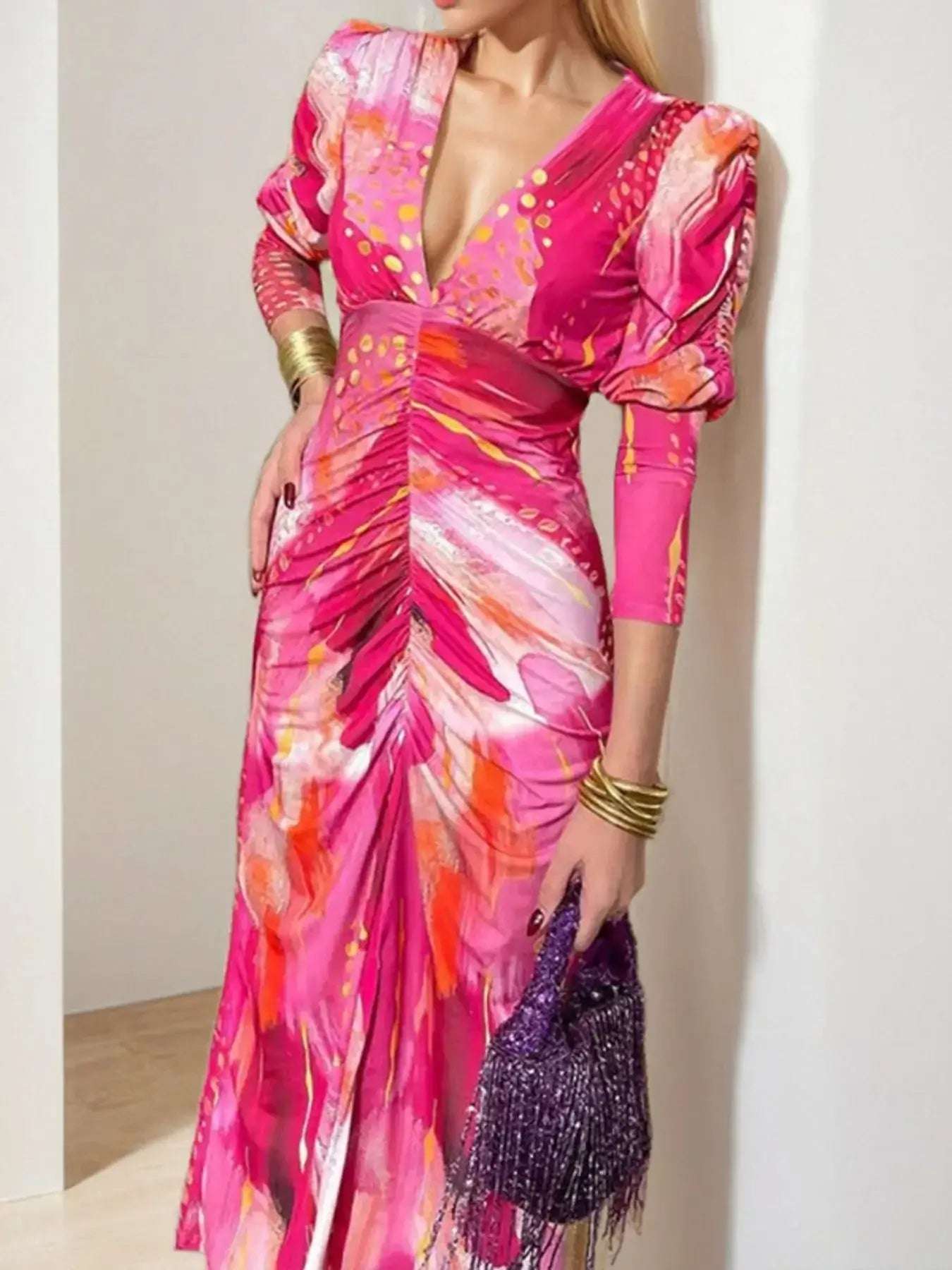 Ruched Front V-Neck Long Sleeve Maxi Dress | Sugarz Chique Boutique