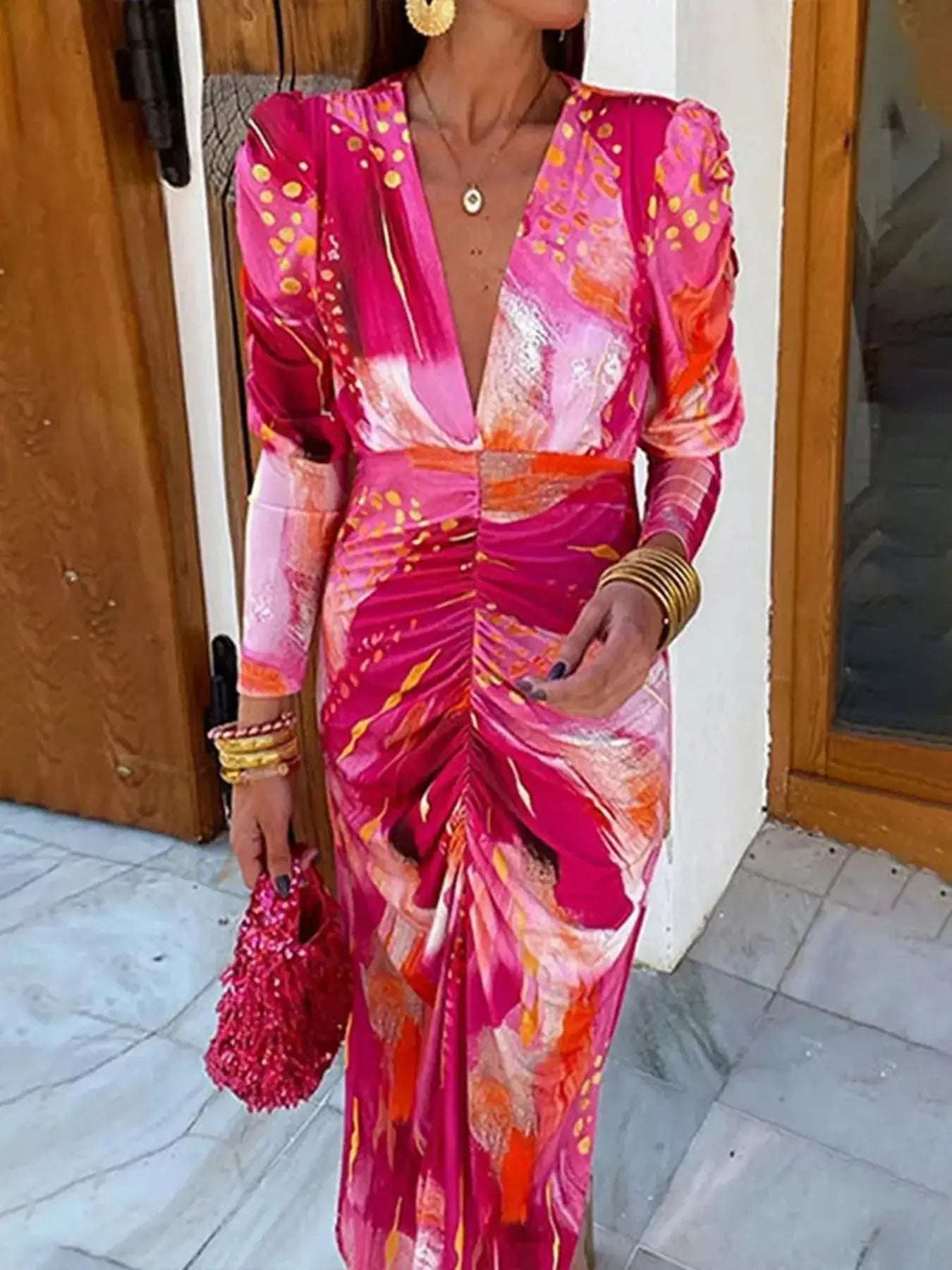 Ruched Front V-Neck Long Sleeve Maxi Dress | Sugarz Chique Boutique