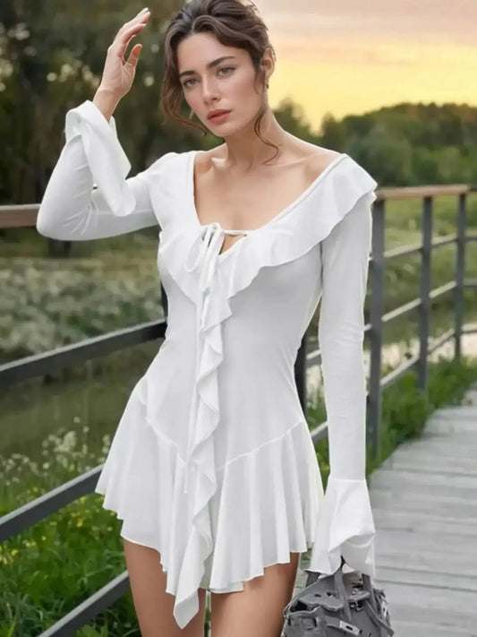 Ruffle V - Neck Flounce Sleeve Mini Dress - Sugarz Chique Boutique