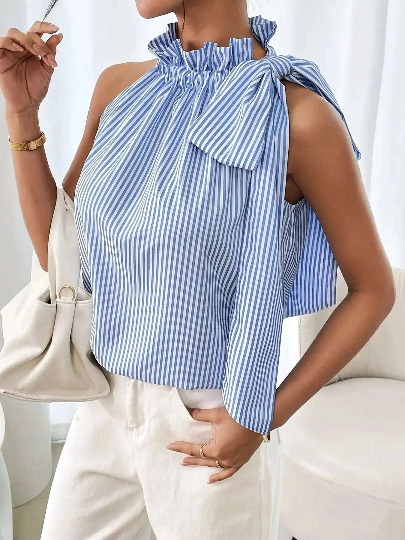 Striped Sleeveless Blouse with Bow Tie Detail | Sugarz Chique Boutique