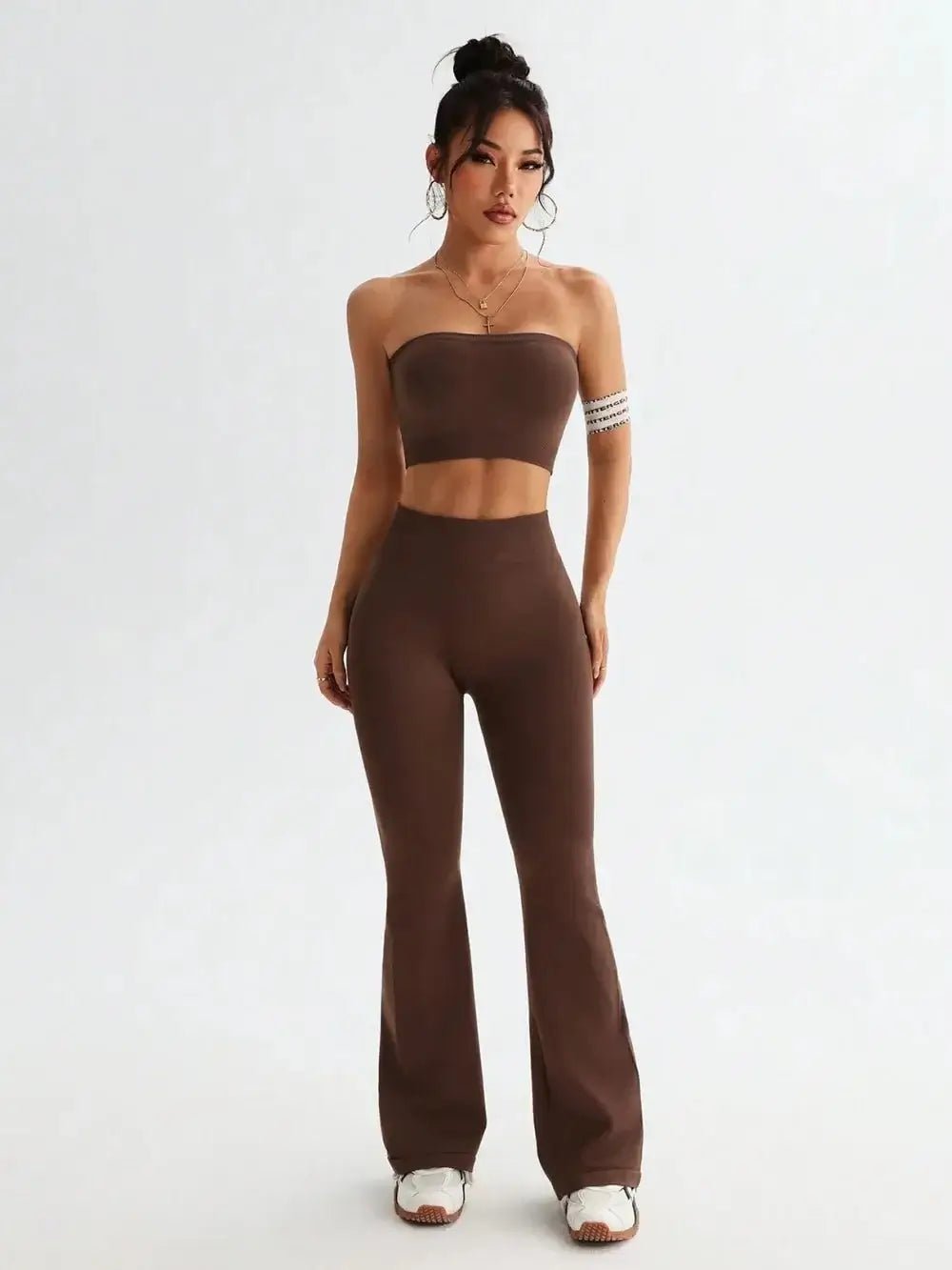 Tube Top and High Waist Flare Pants Active Set - Sugarz Chique Boutique