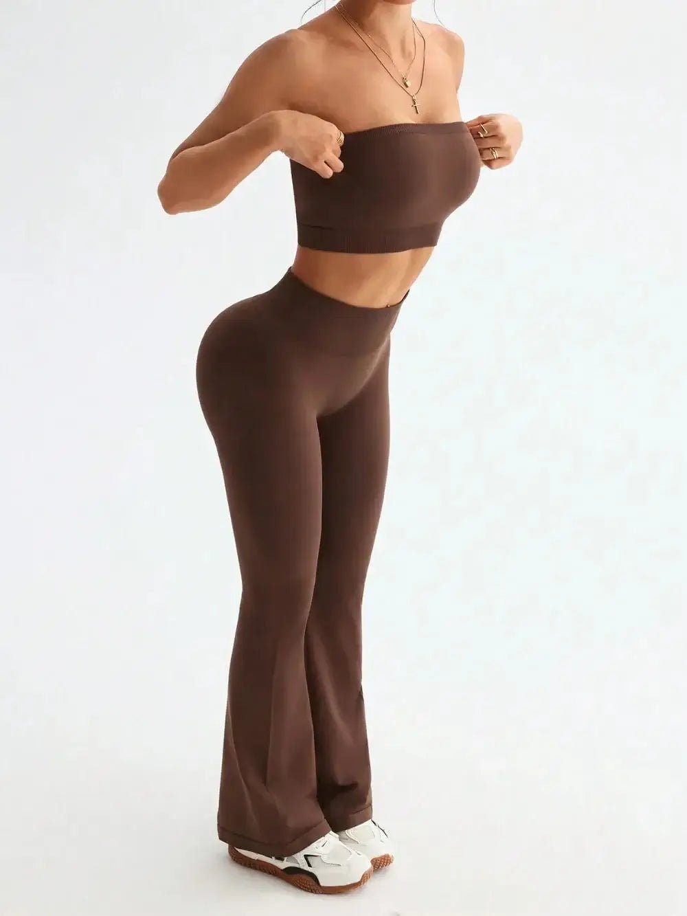 Tube Top and High Waist Flare Pants Active Set - Sugarz Chique Boutique