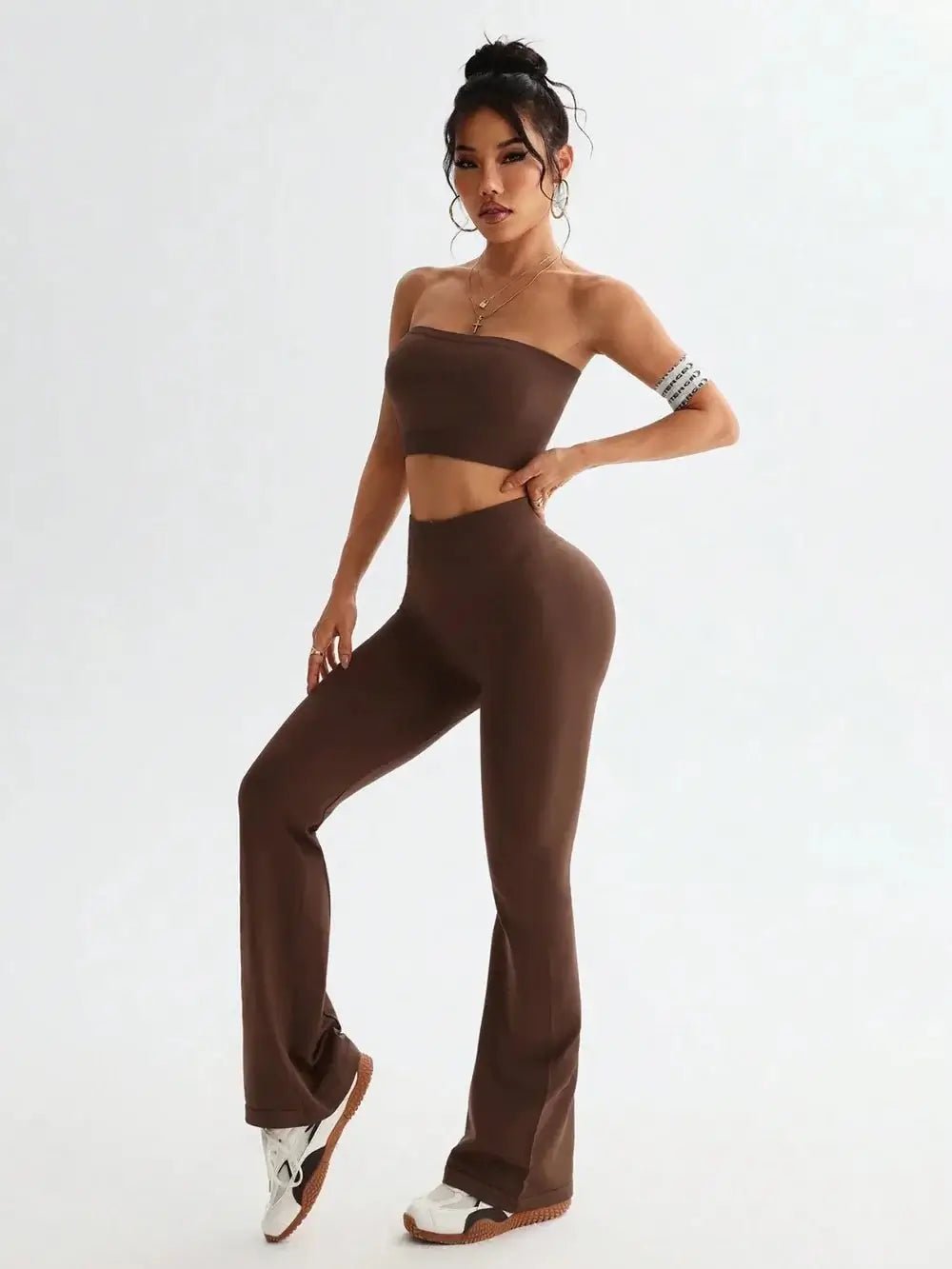 Tube Top and High Waist Flare Pants Active Set - Sugarz Chique Boutique