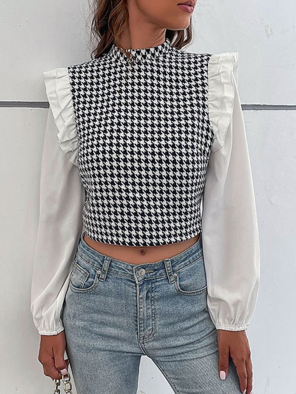 Women's Woven Mock Neck Long Sleeve Houndstooth Shirt - Sugarz Chique Boutique
