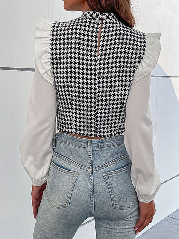 Women's Woven Mock Neck Long Sleeve Houndstooth Shirt - Sugarz Chique Boutique