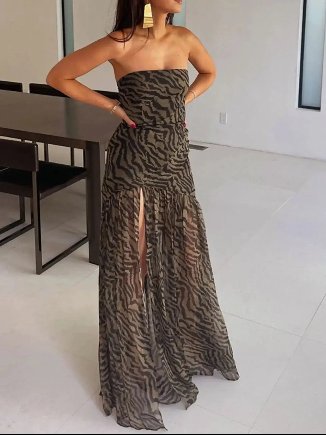 Zebra Print Maxi Dress with Side Slit - Sugarz Chique Boutique