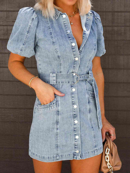 Puff Sleeve Button Up Mini Denim Dress | Sugarz Chique Boutique
