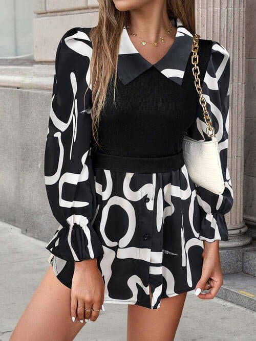Collared Neck Black And White Color-Contrast Print Long Sleeve Shirt | Sugarz Chique Boutique