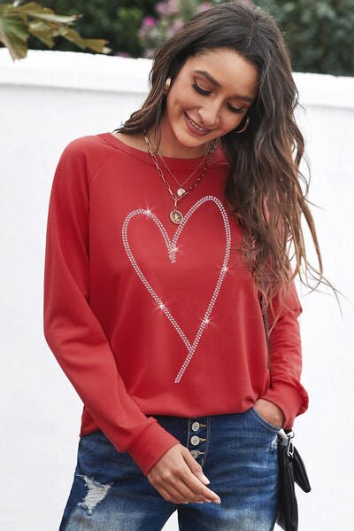Heart Round Neck Long Sleeve Sweatshirt | Sugarz Chique Boutique