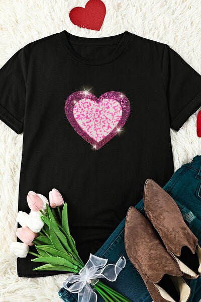 Heart Sequin Round Neck Short Sleeve T-Shirt | Sugarz Chique Boutique