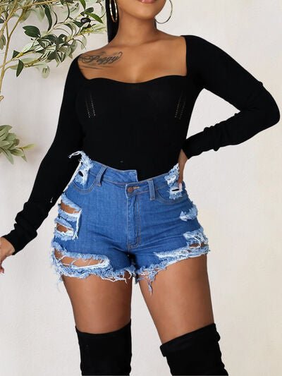 Distressed Raw Hem Denim Shorts with Pockets | Sugarz Chique Boutique