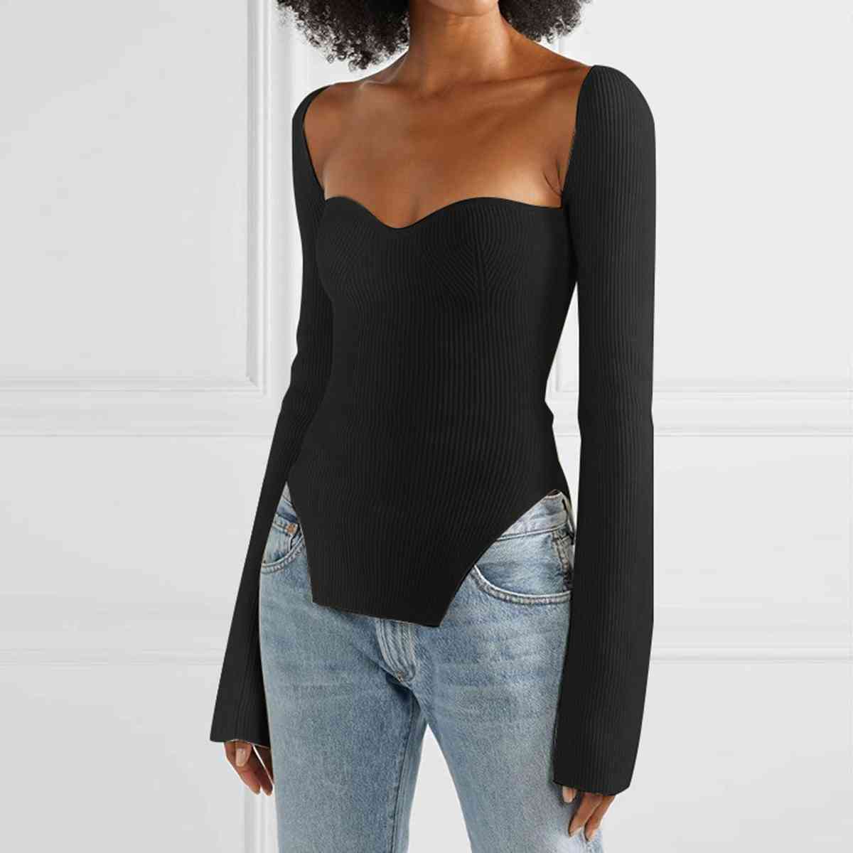 Sweetheart Neck Long Sleeve Knit Top | Sugarz Chique Boutique