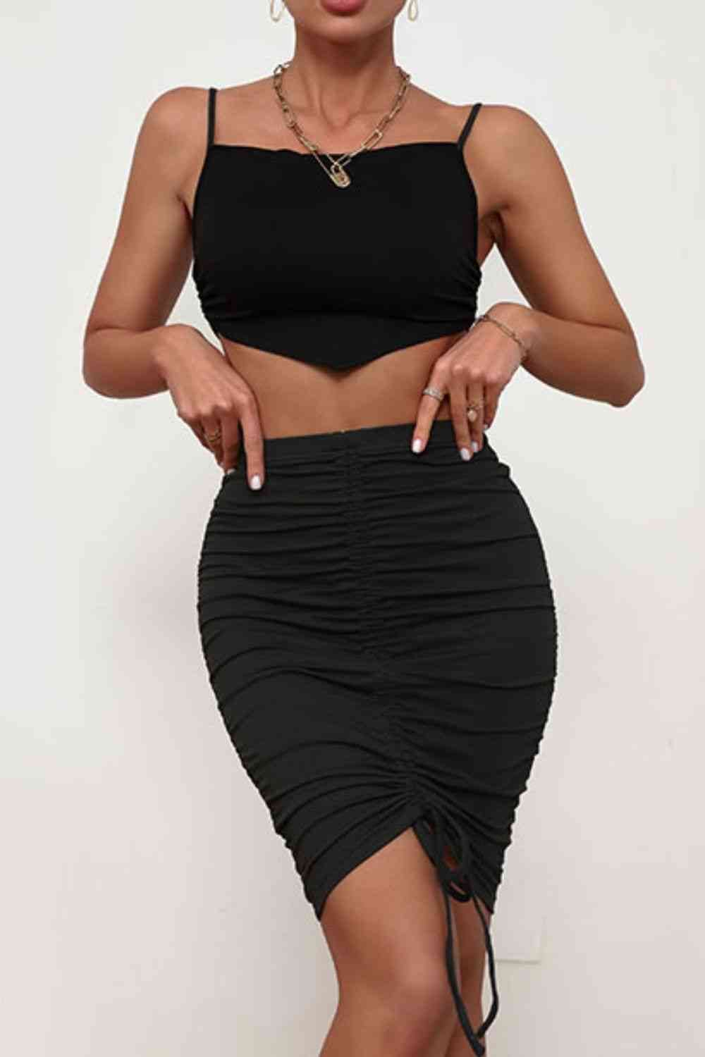 Spaghetti Strap Cropped Top and Ruched Skirt Set | Sugarz Chique Boutique