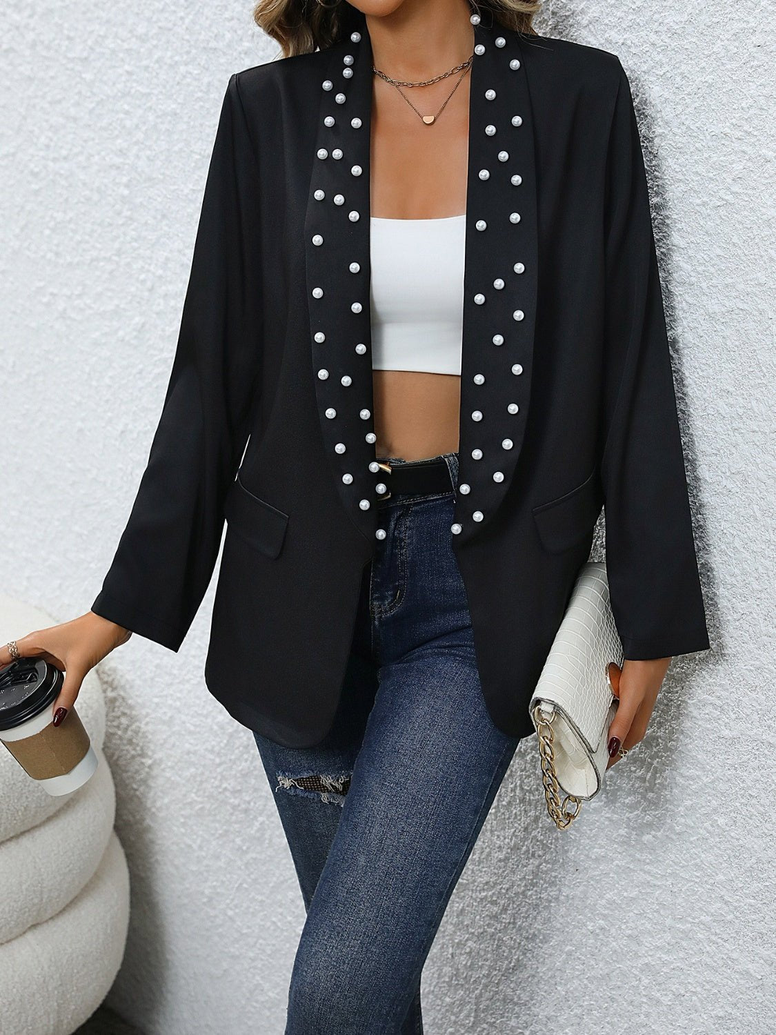 Pearl Detail Open Front Blazer | Sugarz Chique Boutique