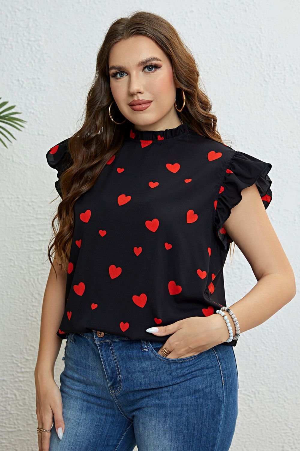 Plus Size Heart Print Butterfly Sleeve Mock Neck Top | Sugarz Chique Boutique