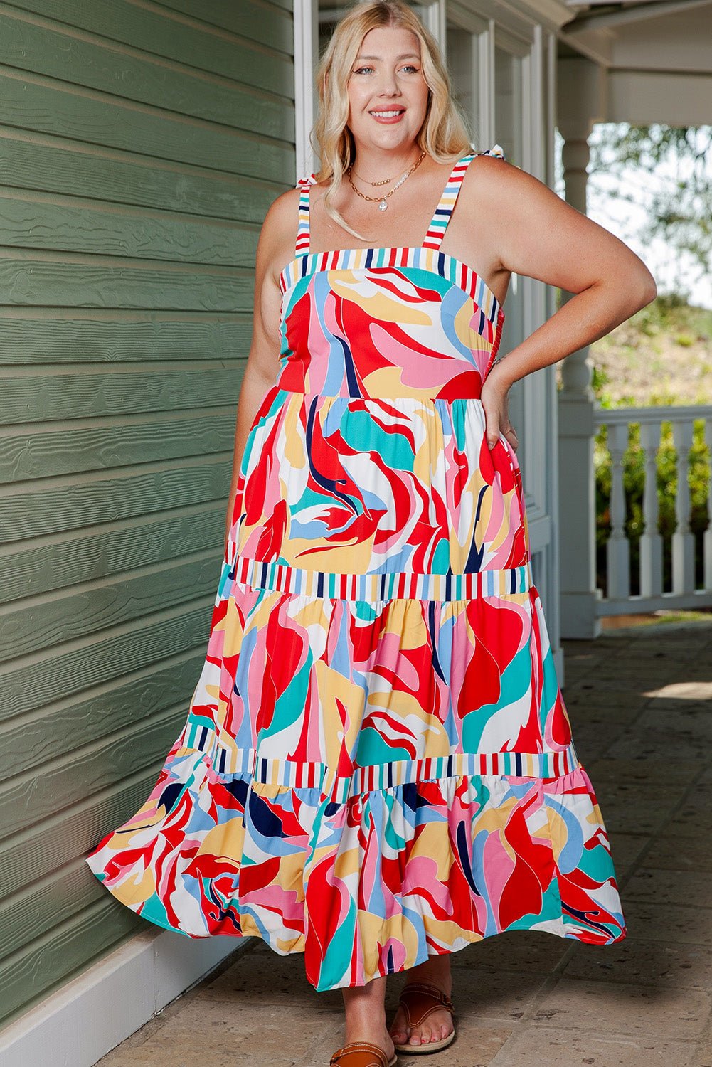 Plus Size Printed Tie Straps Straight Neck Maxi Dress | Sugarz Chique Boutique