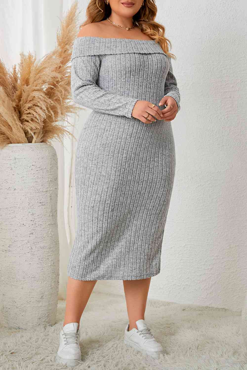 Plus Size Square Neck Long Sleeve Slit Dress | Sugarz Chique Boutique