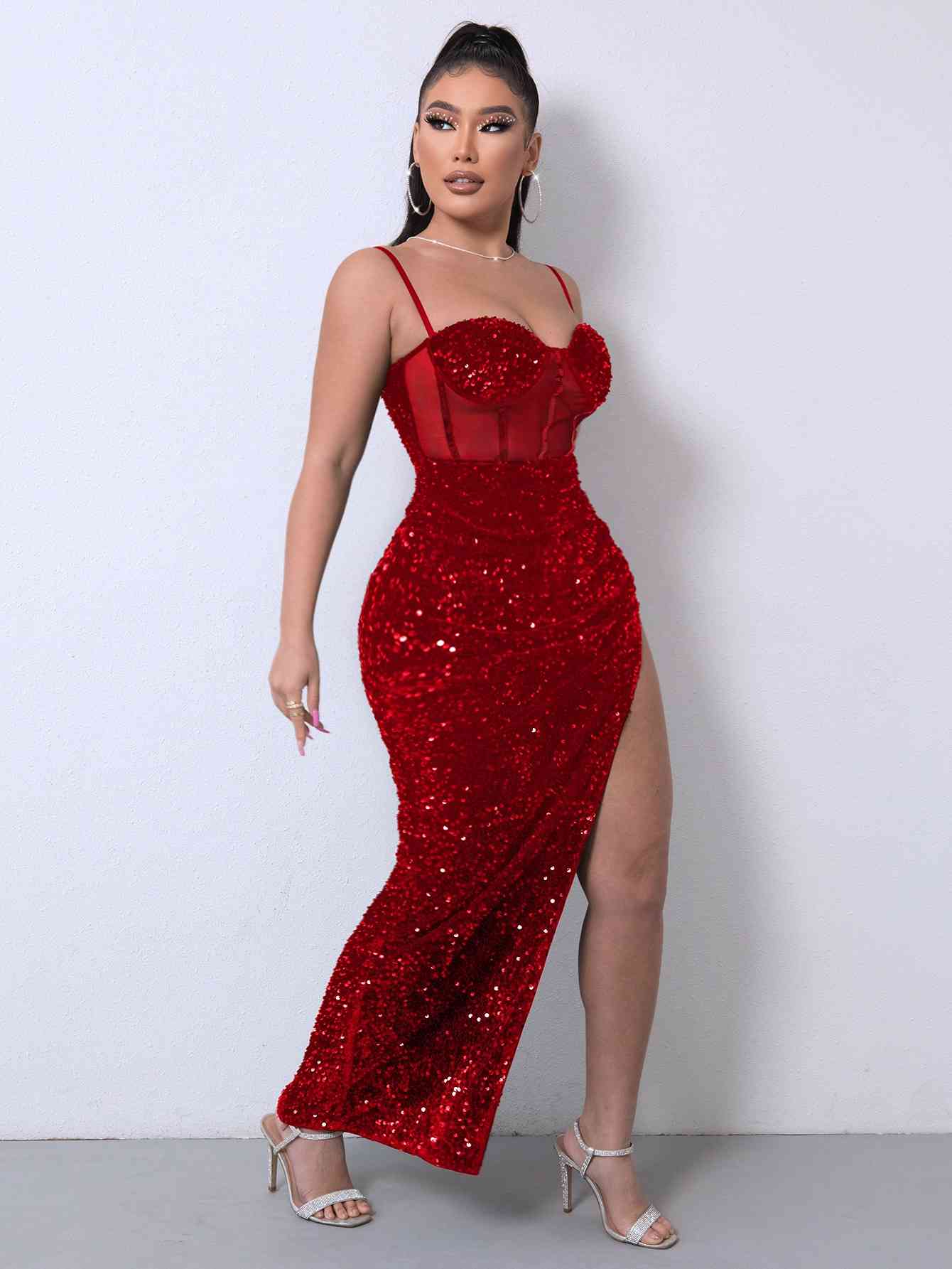 Sequin Spliced Mesh Adjustable Strap Dress | Sugarz Chique Boutique