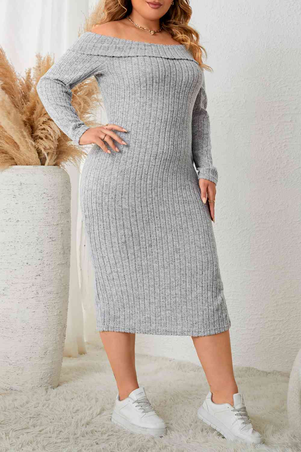 Plus Size Square Neck Long Sleeve Slit Dress | Sugarz Chique Boutique